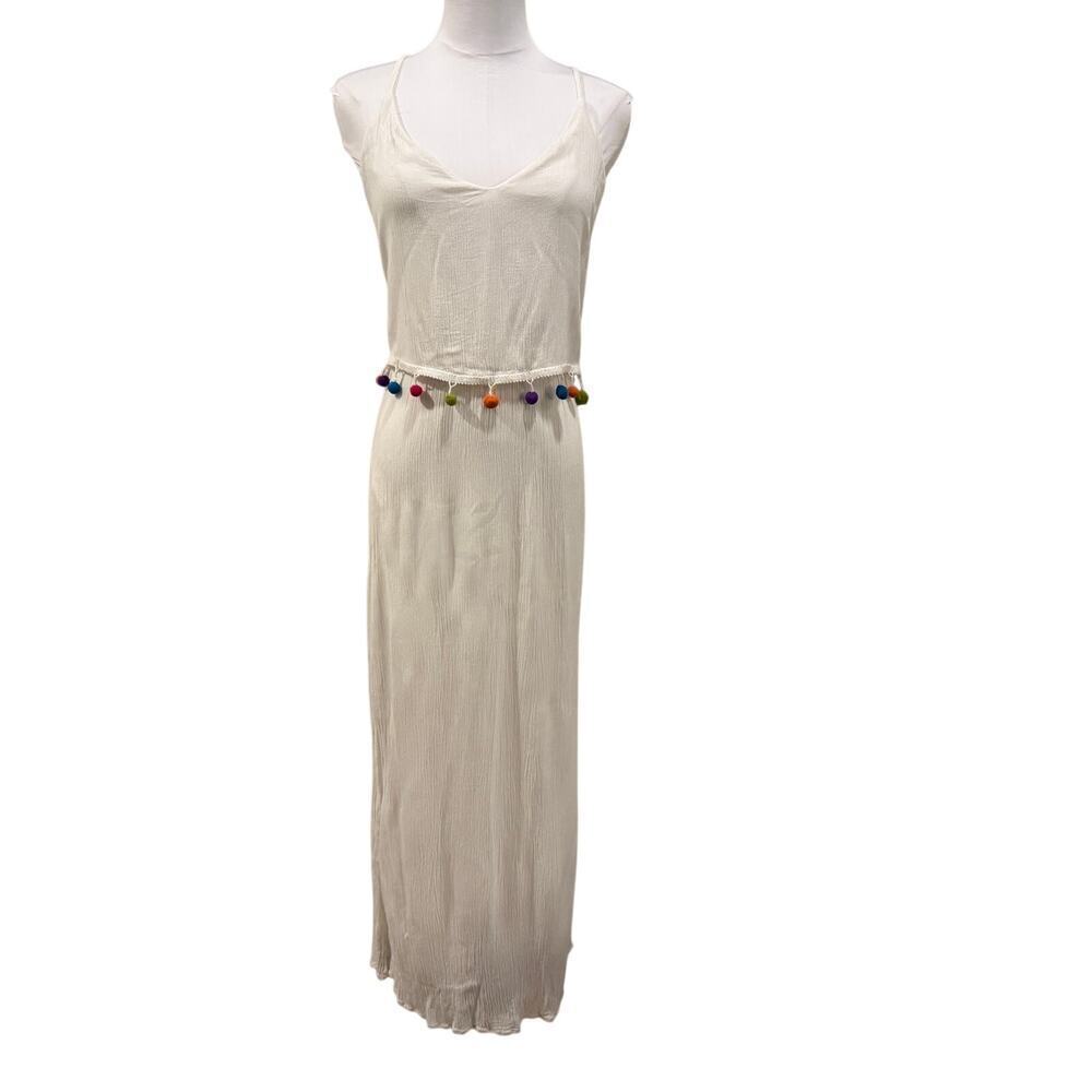 Hint of Blush White Maxi Dress XL Colorful Pom Pom Trim Boho Resort Beach Summer - Picture 2 of 8
